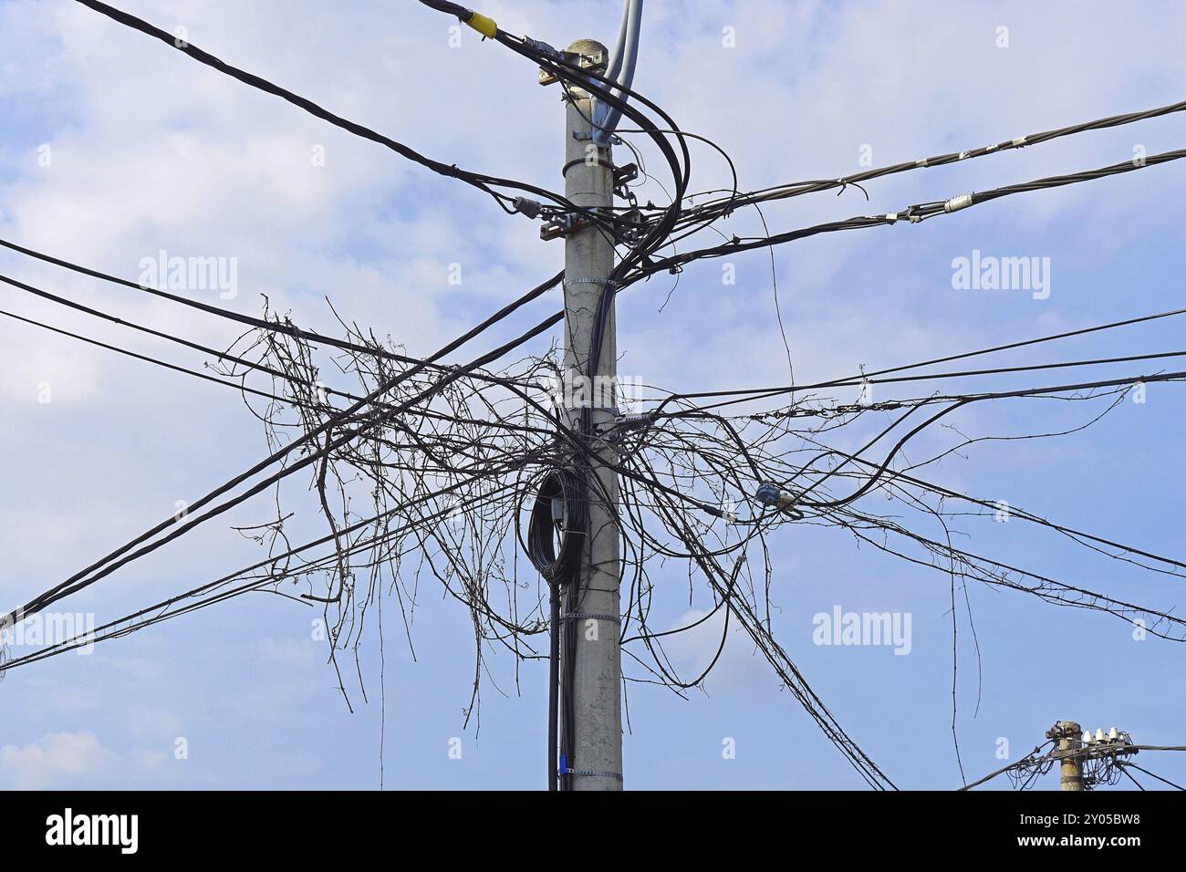 Utility pole with bunch of electric wires and cables Stock Photo - Alamy