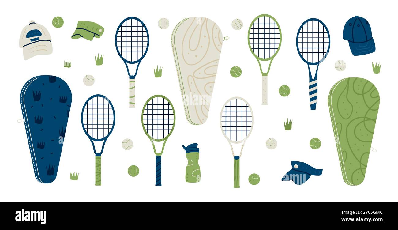 Tennis Racket Elements Tennis set. Sport equipment with rackets, tennis bags, caps, balls and ...