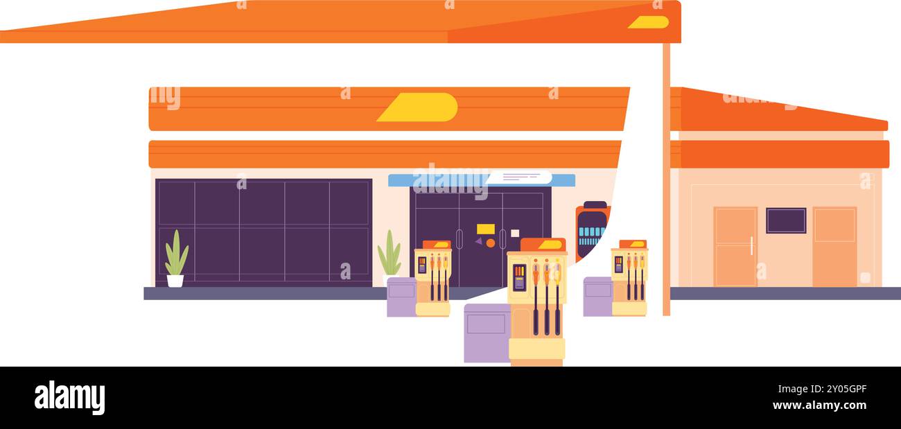 Gas station front. City building color facade isolated on white ...