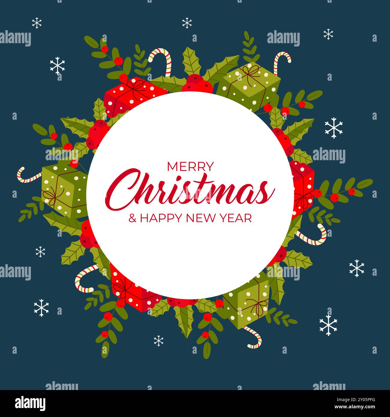 New Year card for post,background for postcard. gift, candy, branch. Greetings on blue isolated background. simple Stock Vector