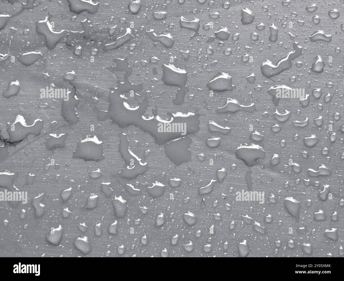 Water drops on quiet gray colored metallic surface Stock Photo