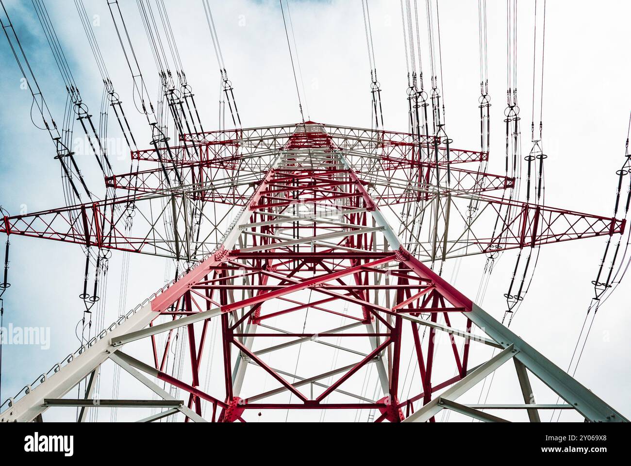 Red white pylon, low angle Stock Photo