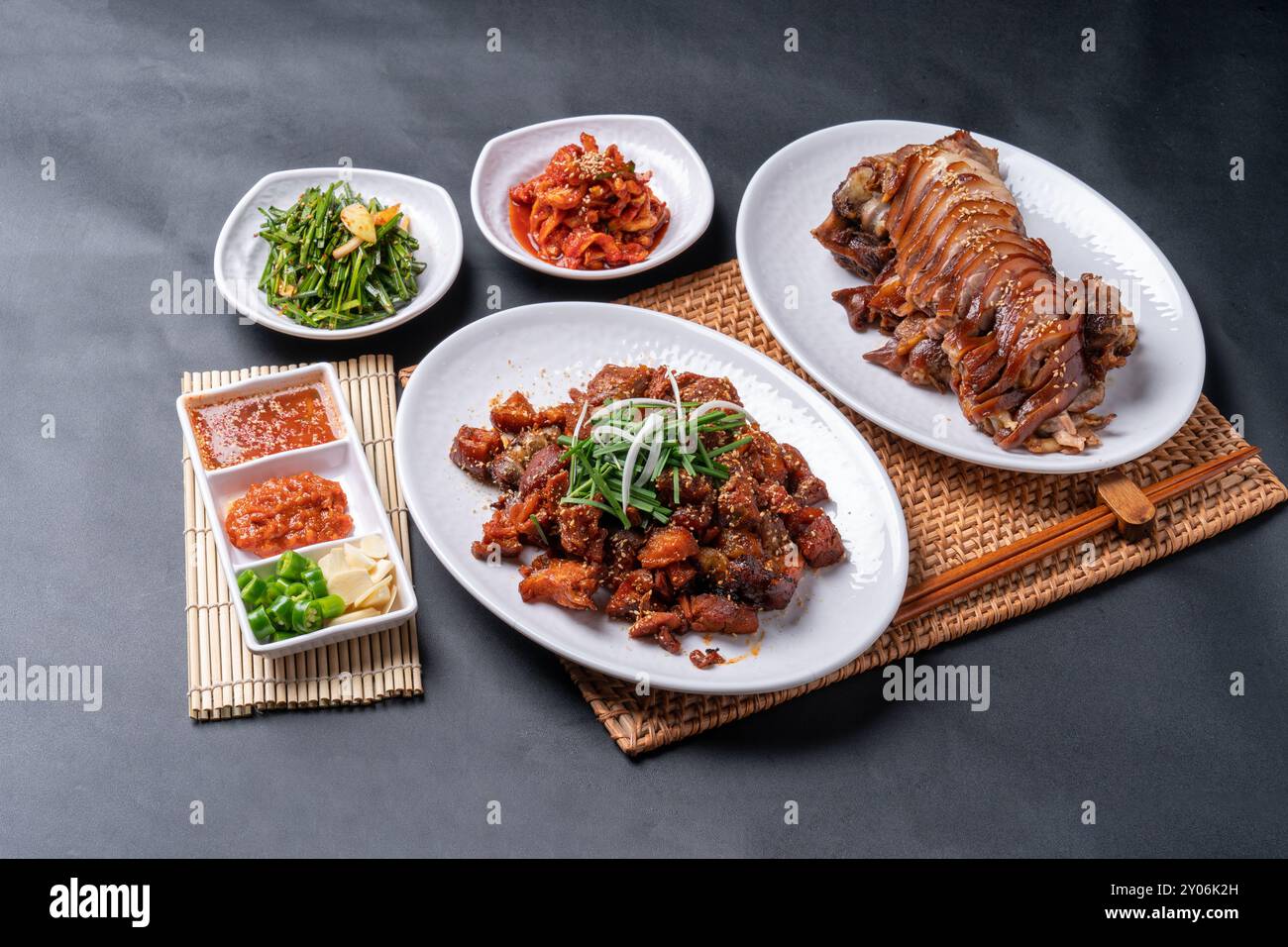 Korean Fish Roe Rice Jokbal, Korean food, steamed pork, tray, buckwheat noodles, side dishes ...
