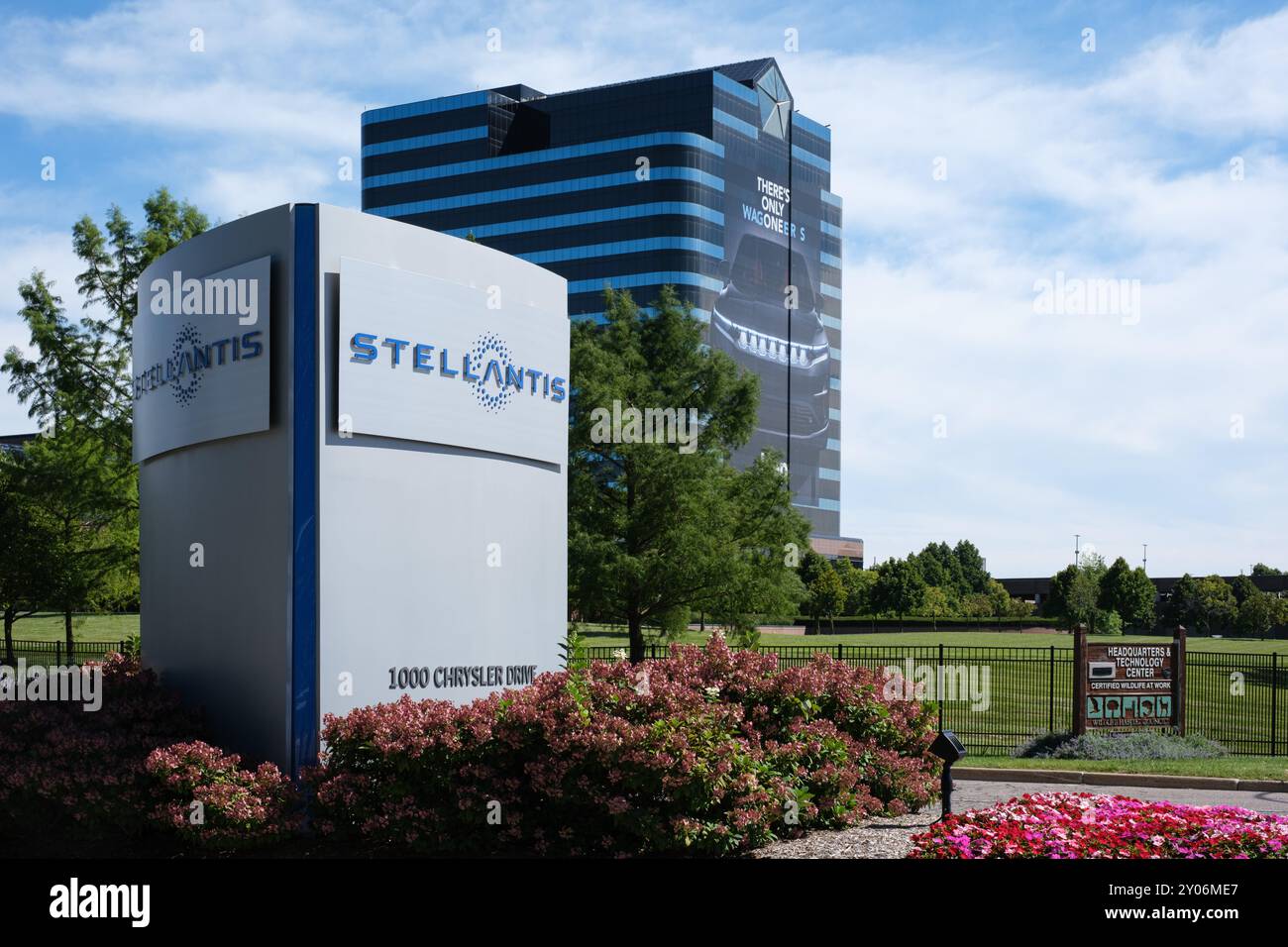 Stellantis sign outside the Chrysler Technology Center and World Headquarters in Auburn Hills Michigan USA Stock Photo