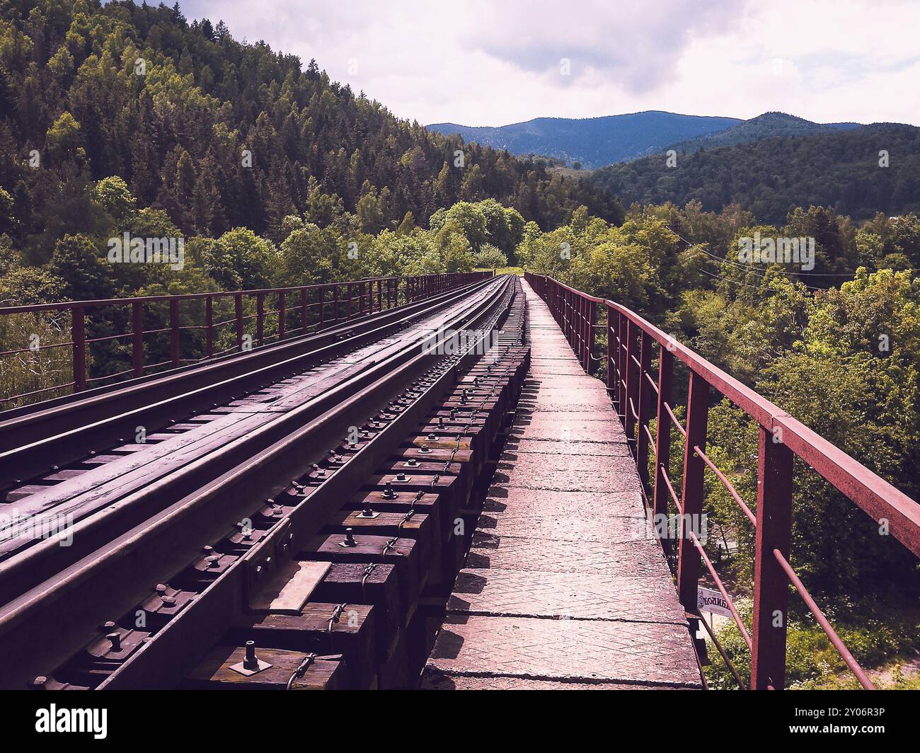 View on railway bridge above the Prut river. Yaremche, Ukraine Stock Photo