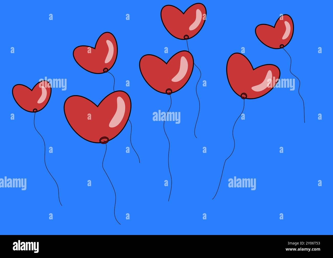 Seven flying balloons in the shape of a heart, blue sky background ...