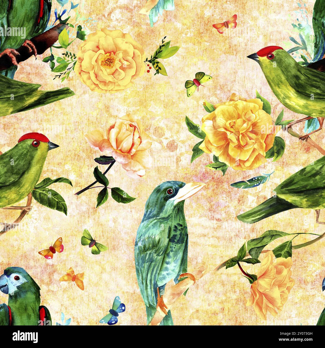 A seamless pattern with watercolor drawings of vibrant teal blue and ...