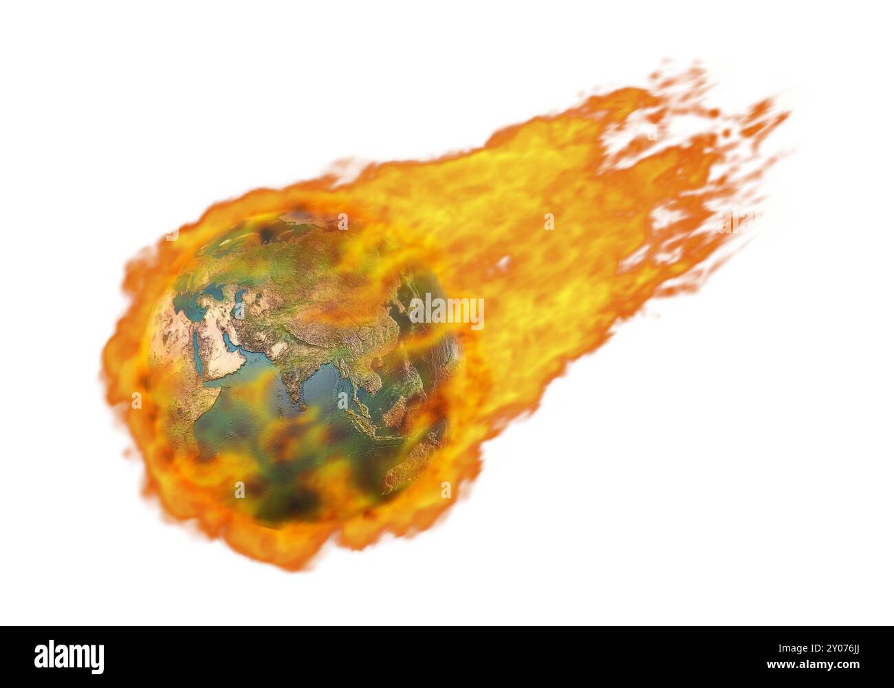 Illustration of a Burning in flames Earth globe flying through space. Global warming fossil fuel greenhouse gases ecology environmental concept isolat Stock Photo