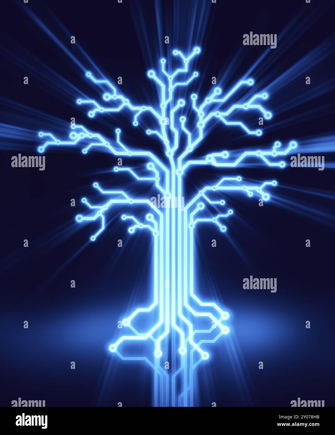 Digital tree made of glowing blue circuits, conceptual illustration on ...