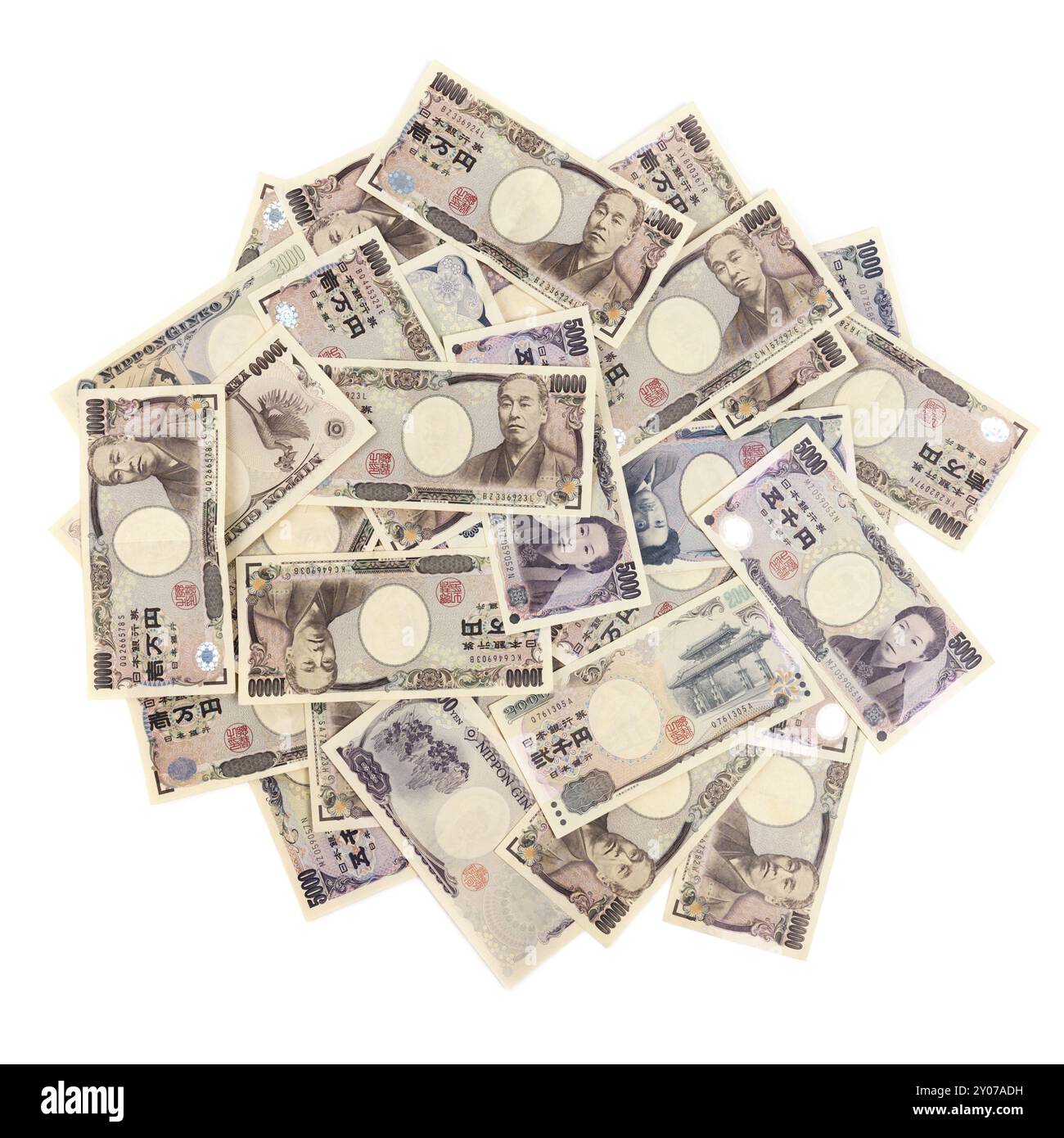 Japanese Yen pile of money bills, closeup of currency isolated on white background Stock Photo