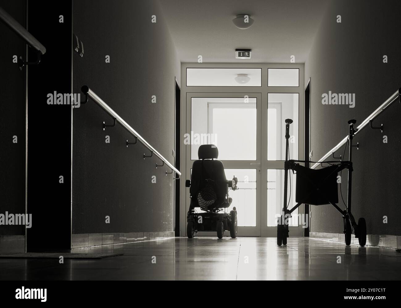 Lonely corridor with rollator in a retirement home Stock Photo