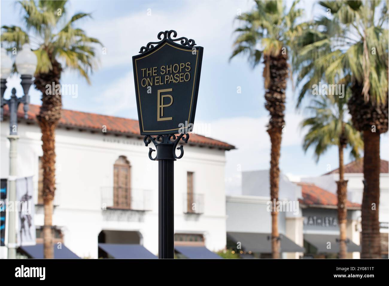 Palm Desert, California, United States - 04-14-2024: A view of a weclome sign for The Shops at El Paseo. Stock Photo