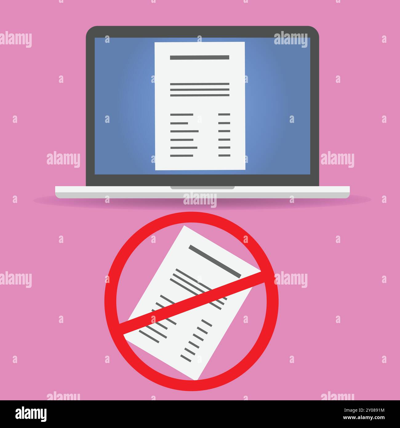 Document on laptop and forbidden document on paper, paperless concept Stock Vector