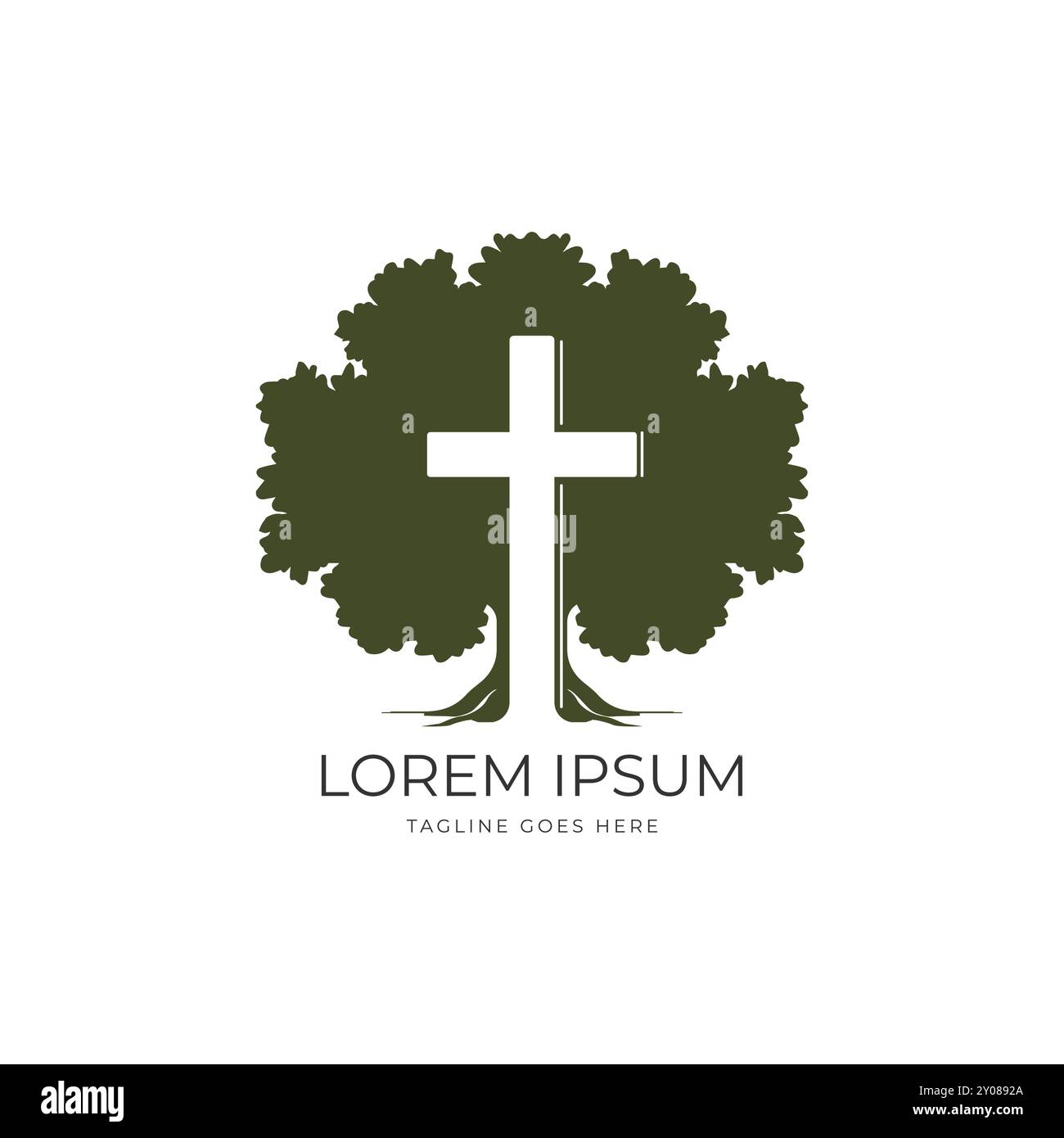 Oak Banyan Maple Tree Silhouette with Jesus Christian Cross for Religion Design Vector Stock Vector