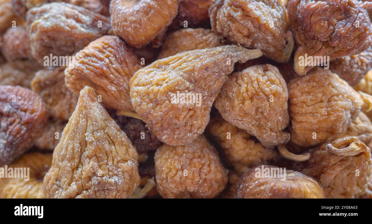 Close up photo of dried figs, selective focus. Stock Photo