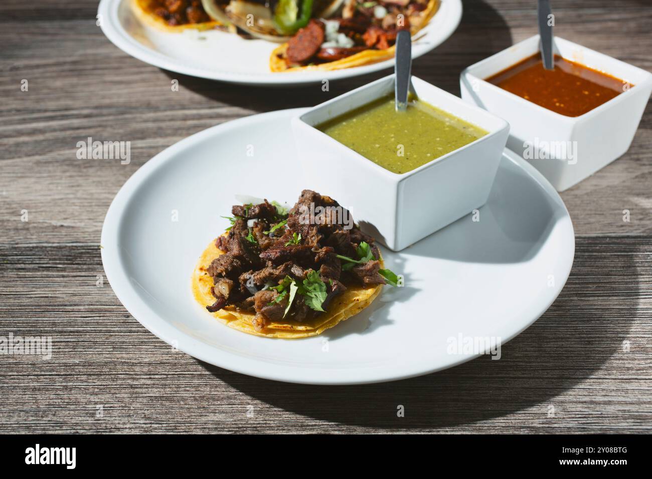 A view of a carne asada taco, with some salsas. Stock Photo