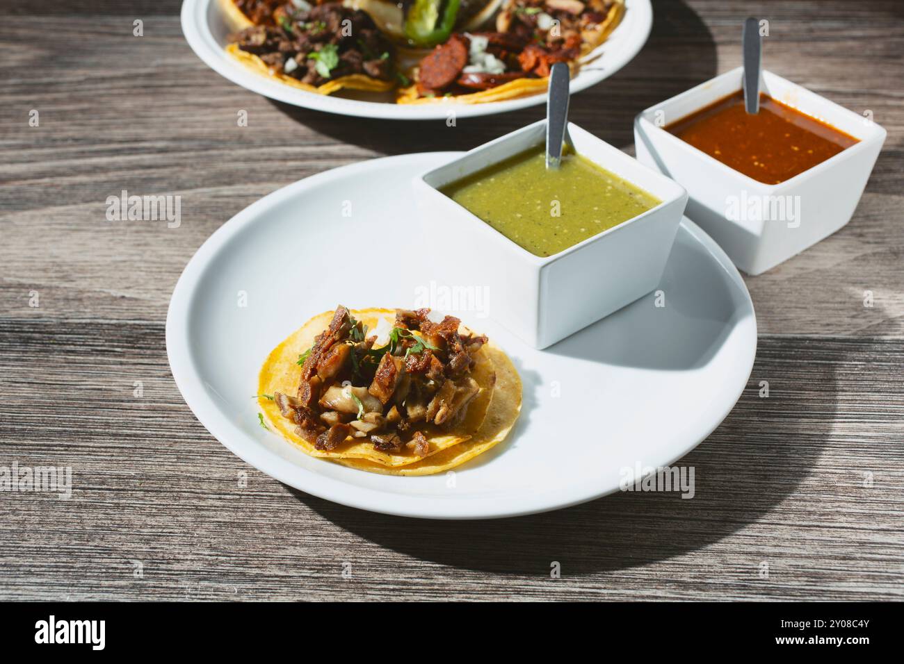 A view of a tripa street taco, with some salsas. Stock Photo