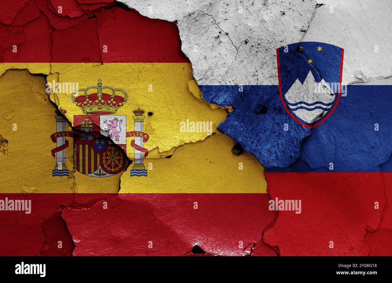 Flags of Spain and Slovenia painted on cracked wall Stock Photo - Alamy