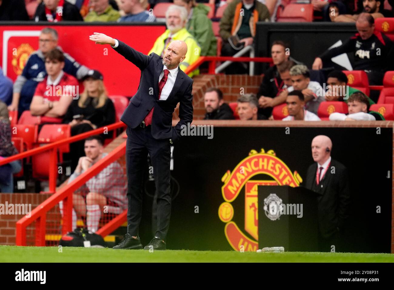 Touchlins Manchester United manager Erik ten Hag gestures on the touchline during ...