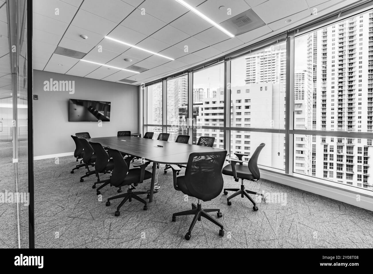 Empty conference room with window view, Brickell, Miami, Florida, USA Stock Photo