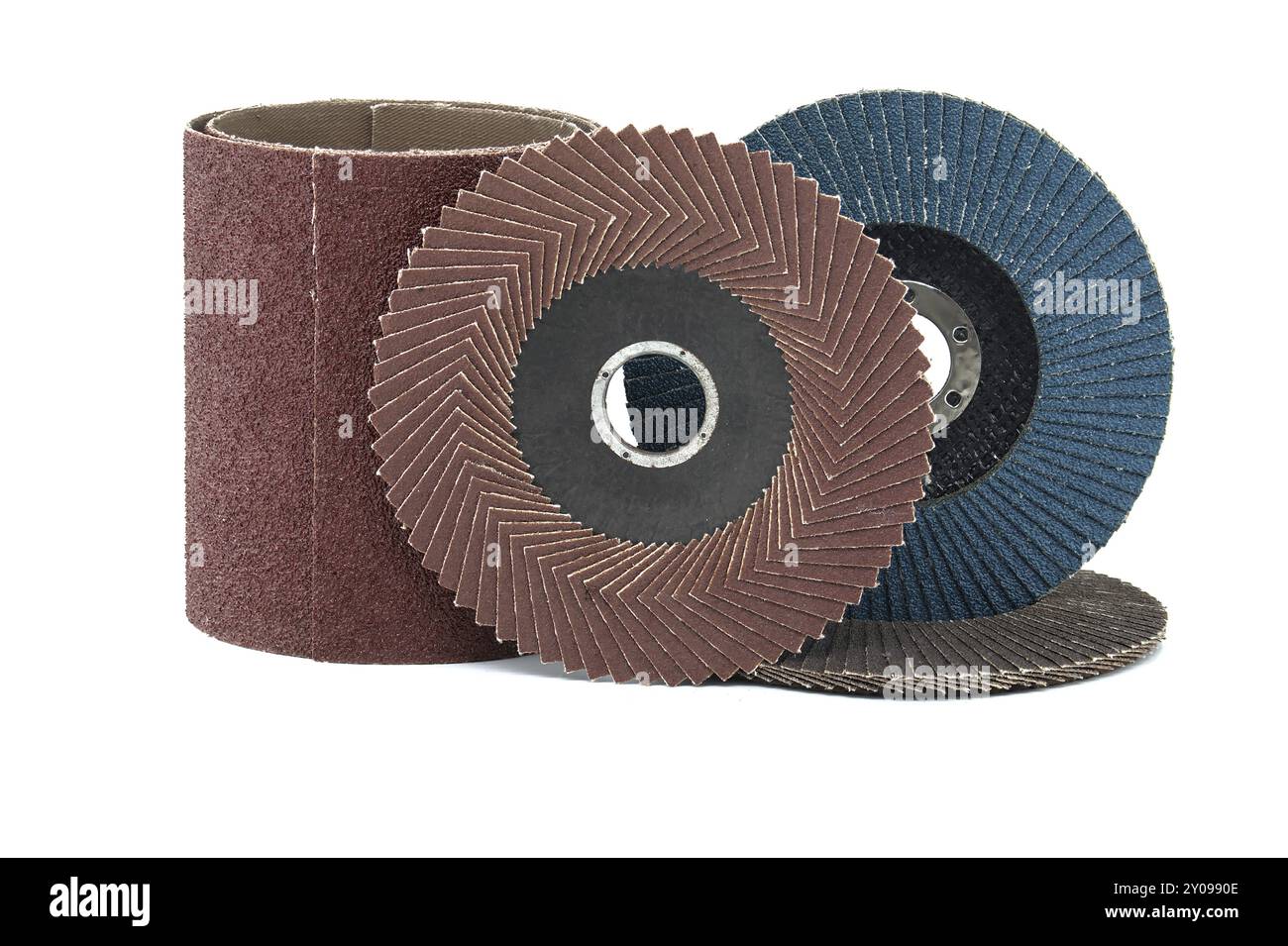 Several sanding discs and sandpaper in close-up view isolated on white ...