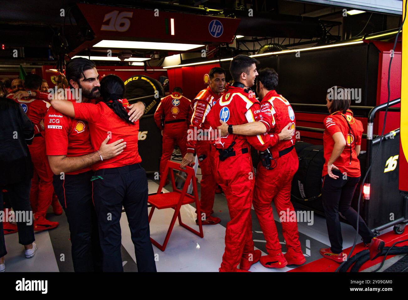 Ferrari team celebrates Charles Leclerc victory after the podium ...