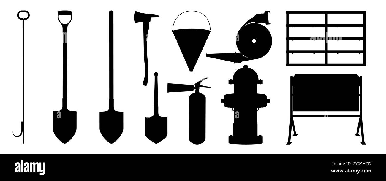 Set of fire extinguishing equipment icons. Fire extinguisher, shovel, Firefighters axe, fire bucket, fire harpoon, fire hose reel, fire hydrant, Tools Stock Vector