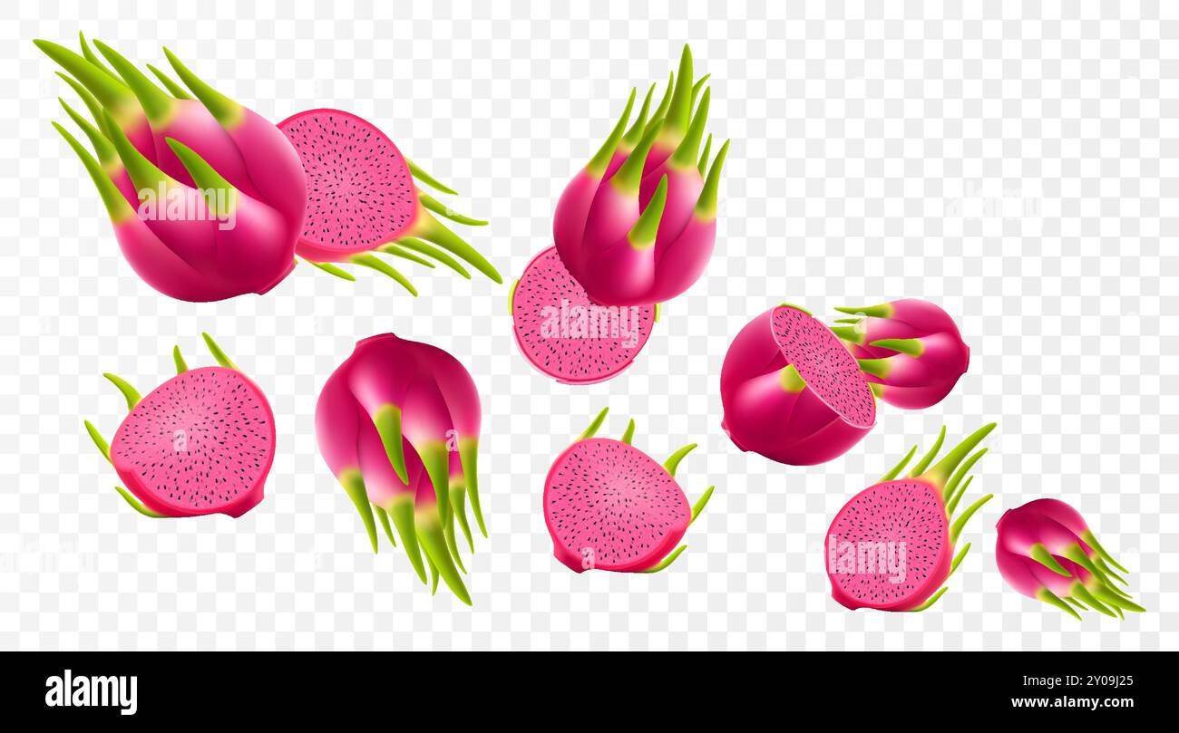 Falling Fruit R Vector Flying ripe red dragon fruit. Bright background falling juicy fruit ...