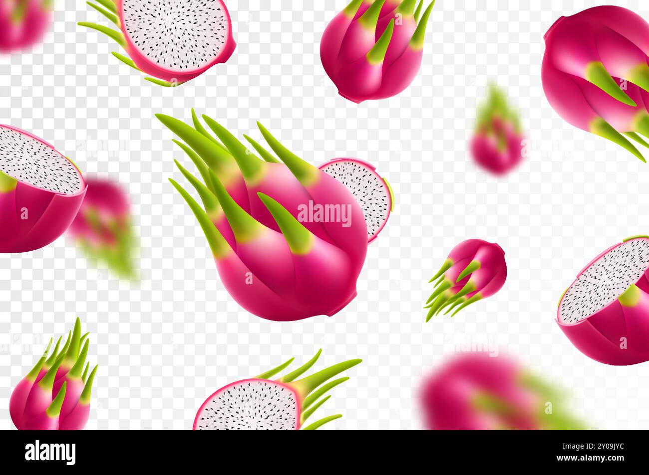 Falling Fruit R Vector Flying ripe dragon fruit. Bright background falling juicy fruit ...