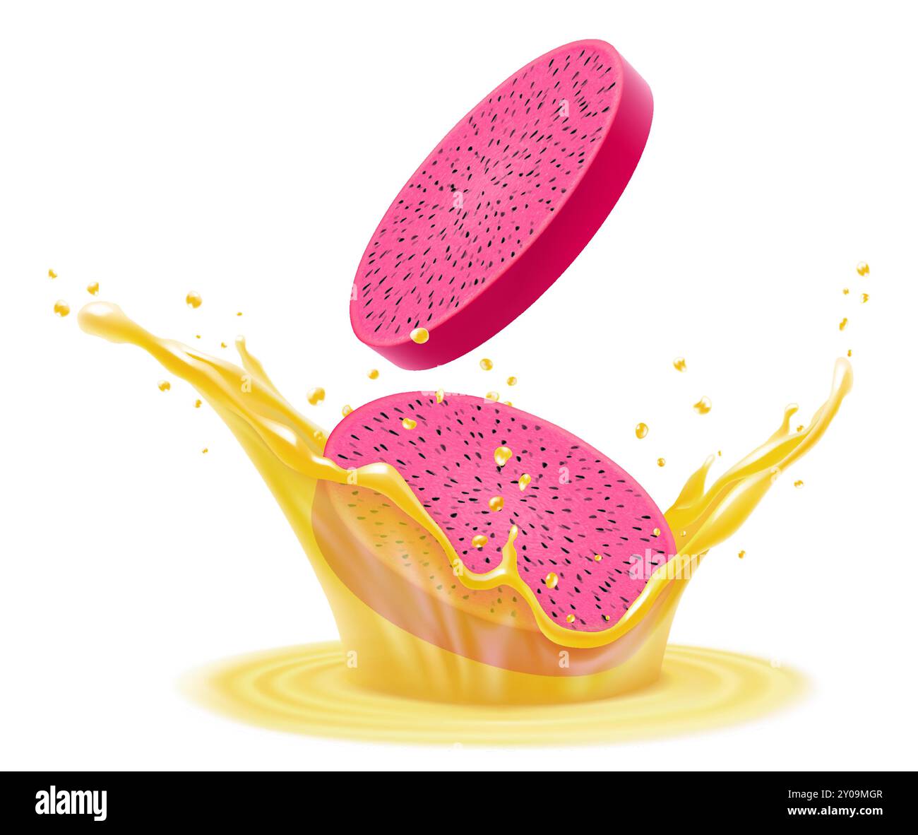 Fresh ripe dragon fruit falls into splash of juice. Pitaya smoothie ...