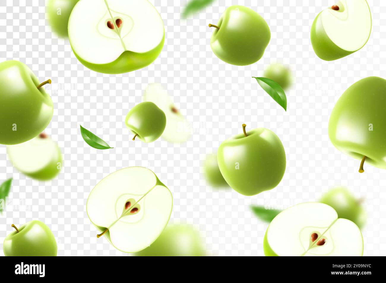 Flying green juicy apples. Bright background falling apples, realistic illustration with blurred effect. 3d vector design for advertising banners and Stock Vector