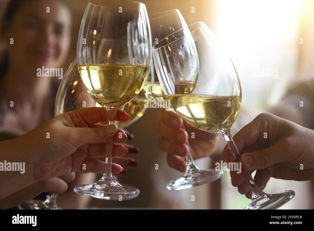 Group of friends enjoying evening drinks. Close up of toast with white wine Stock Photo