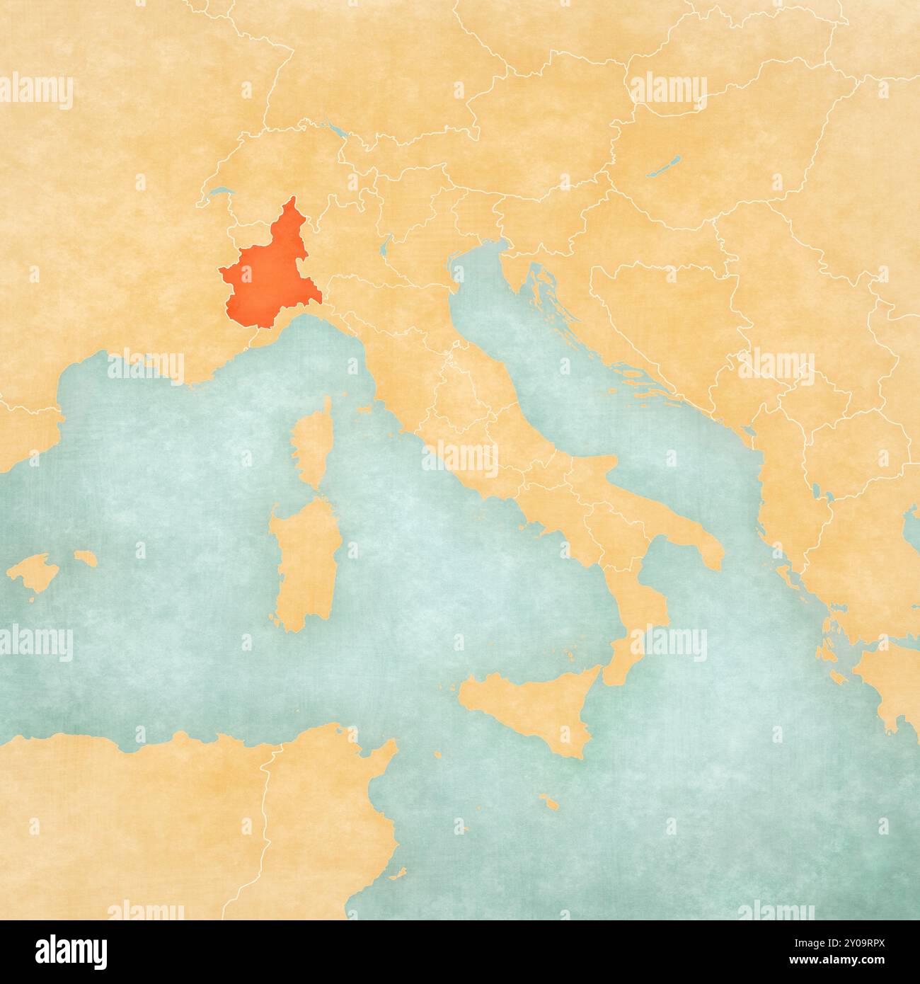 Piedmont on the map of Italy in soft grunge and vintage style, like old