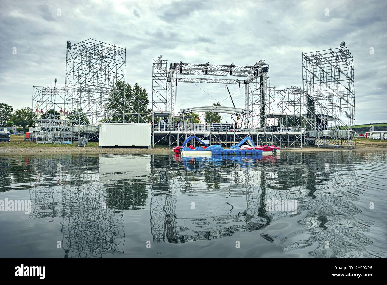 Set-up for the SonneMondSterne festival at the Bleiloch dam near Saalburg, Thuringia, Germany, Europe Stock Photo