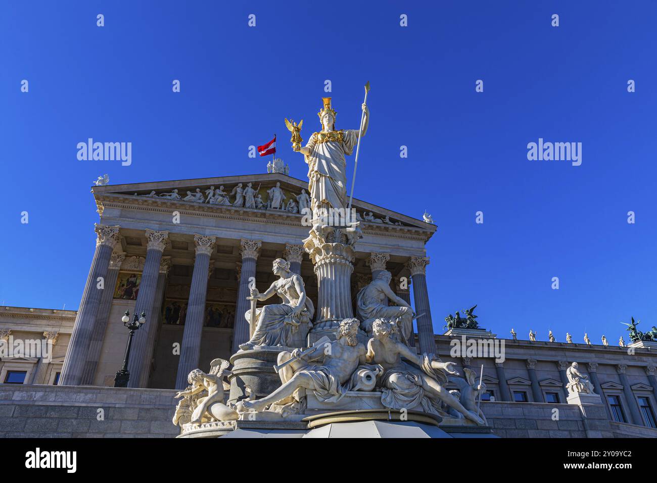 Pallas-Athena Fountain, The goddess of wisdom, holding a spear in her left hand, the goddess of victory Nike in her right hand, behind her the buildin Stock Photo