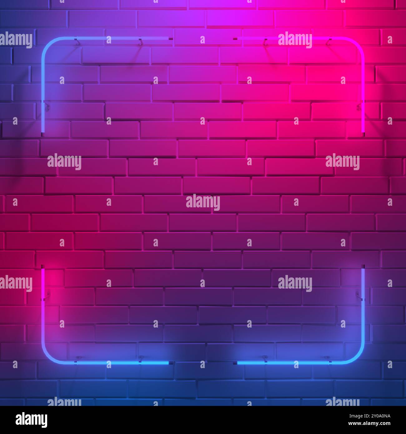 Square glowing neon frame on dark wall. Multicolored gradient glow. 3d illustration. Stock Photo