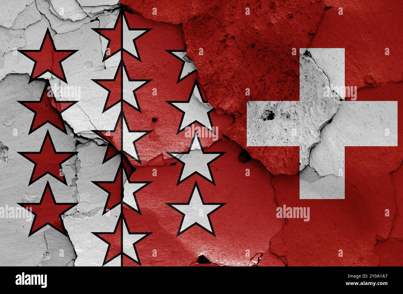Flags of Valais canton and Switzerland painted on cracked wall Stock ...