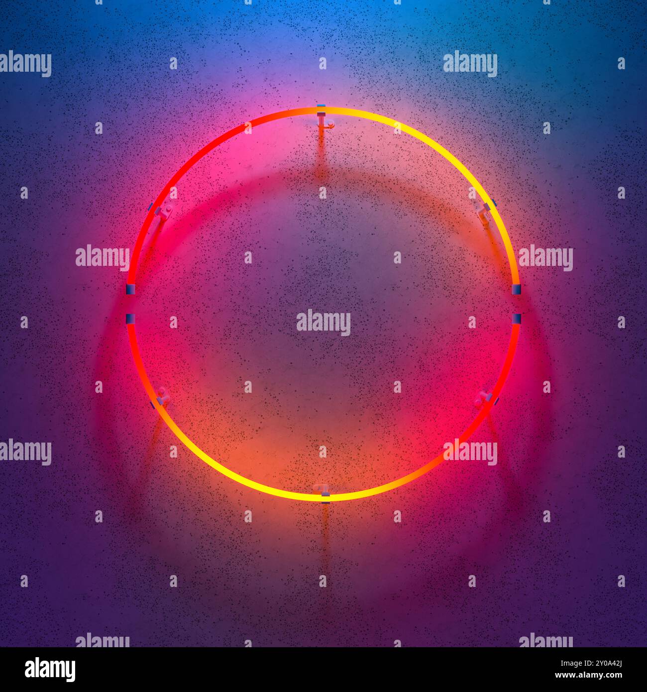 Round glowing neon frame on dark blue wall. Multicolored gradient glow ...