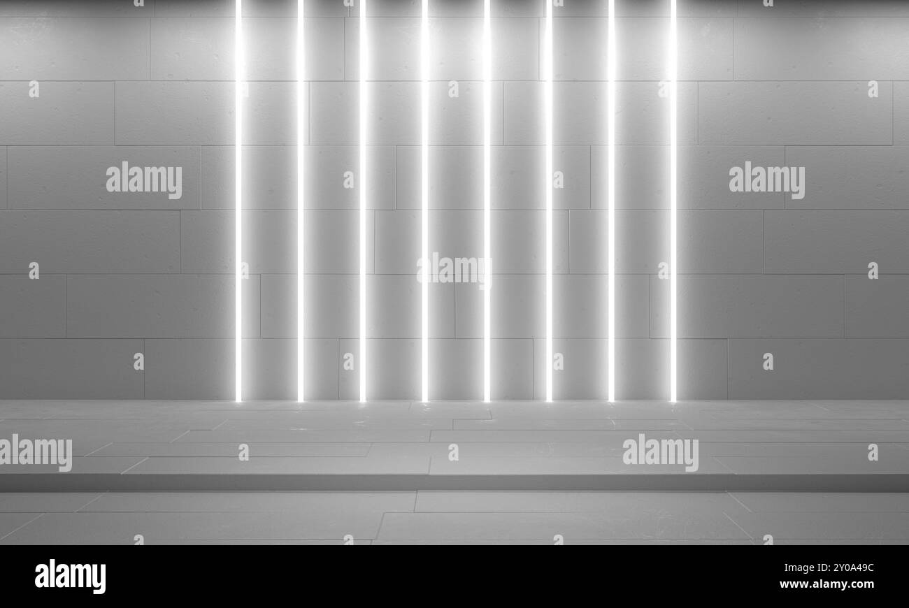 White minimalistic abstract 3d background. Neon light from lamps on gray concrete walls. 3d illustration. Stock Photo