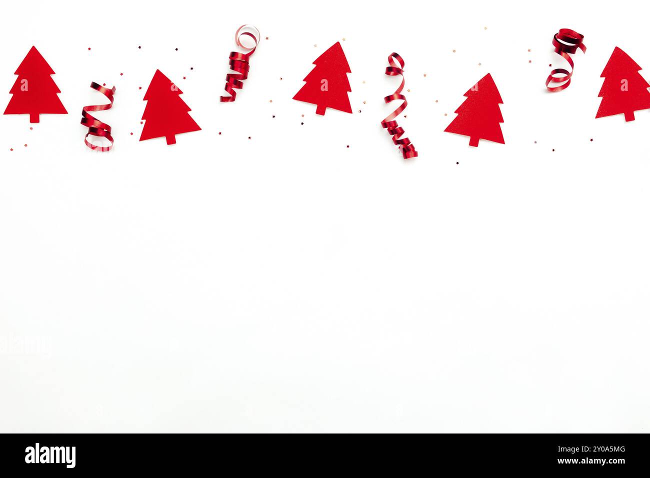 Christmas trees with red ribbons and glitter stars on white background ...