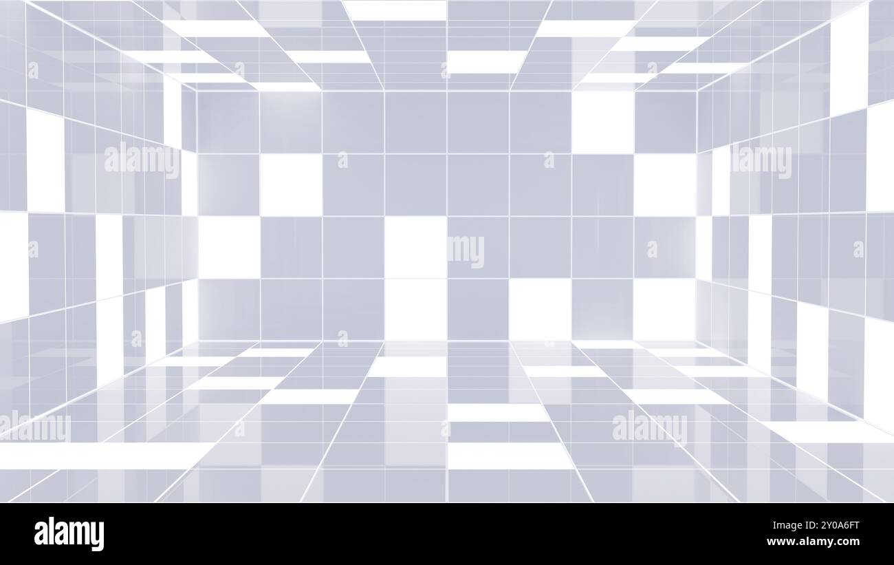 Futuristic minimalist white empty room with geometric shapes and bright clean lines, monochromatic color. Light coming from multiple directions, soft Stock Photo