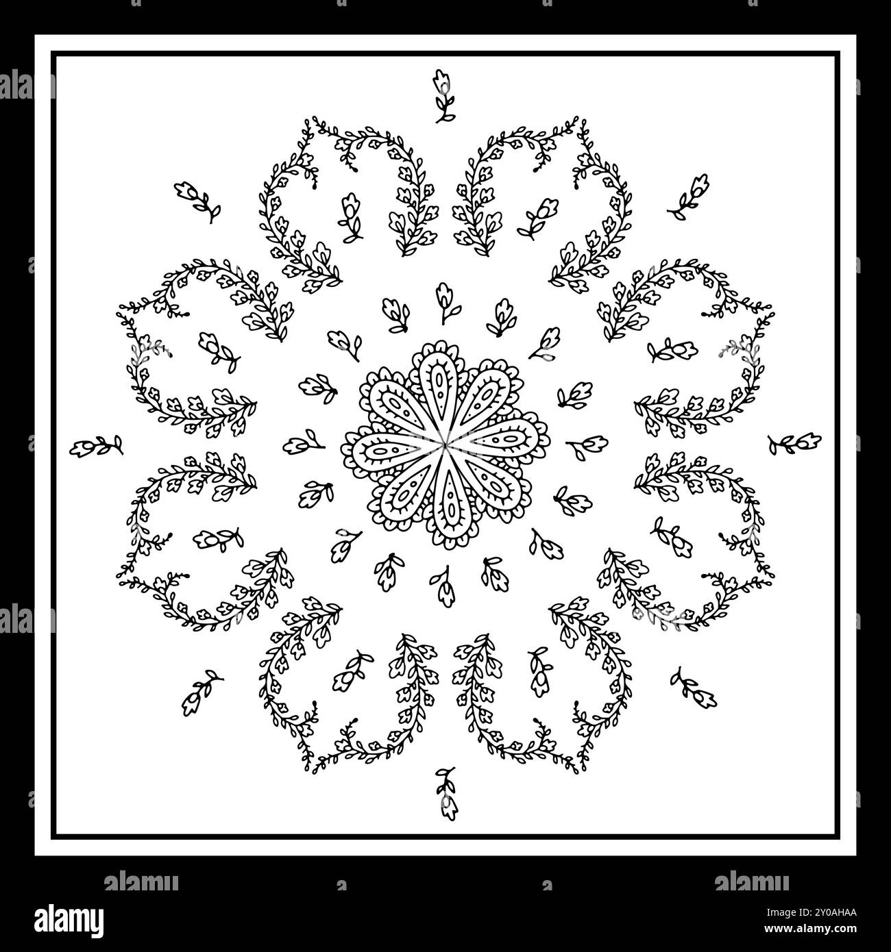 Monochrome black and white or bandana design with paisley mandala pattern and floral elements Stock Vector