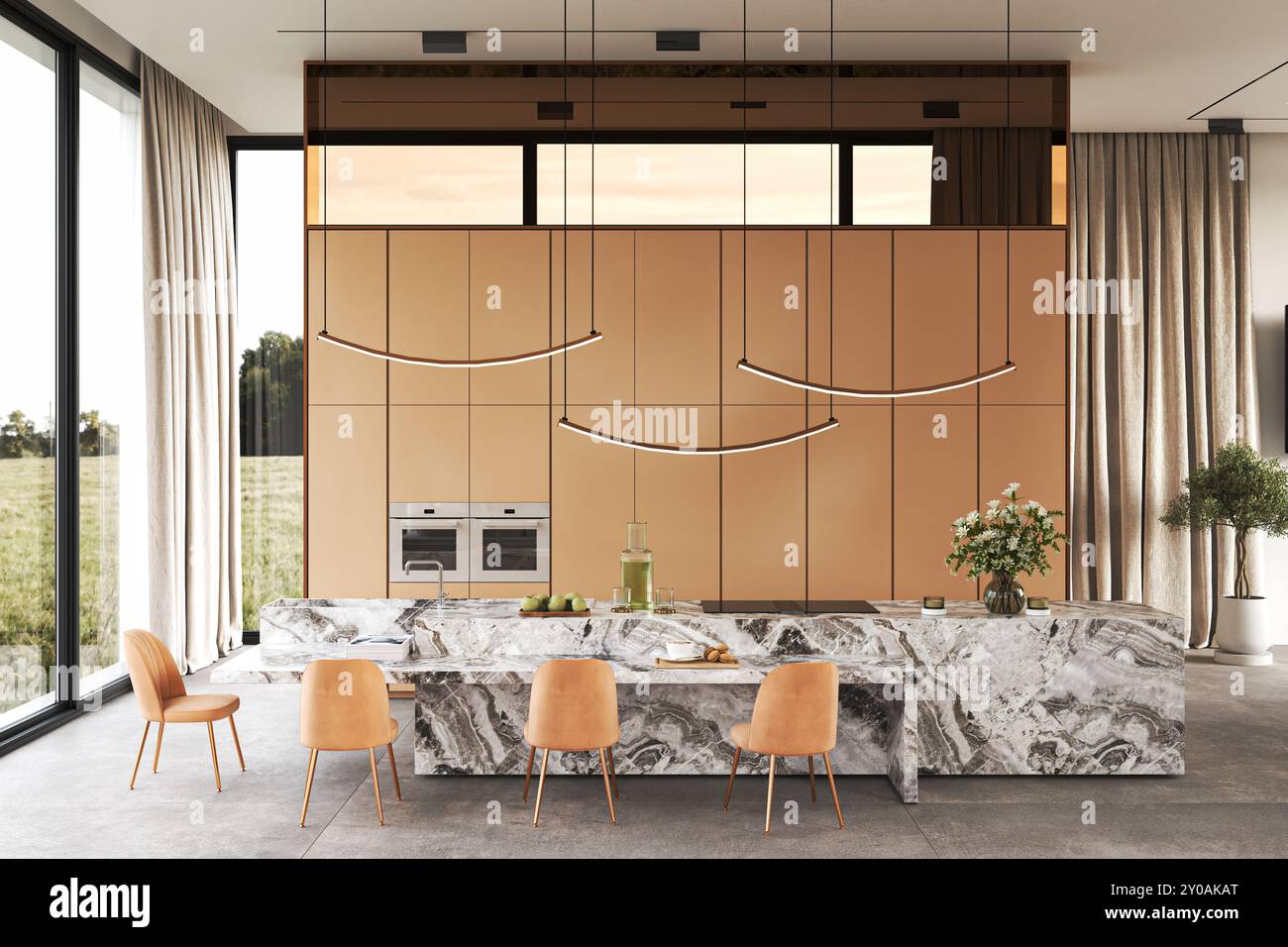 Modern kitchen design featuring an elegant marble island enhanced by ...