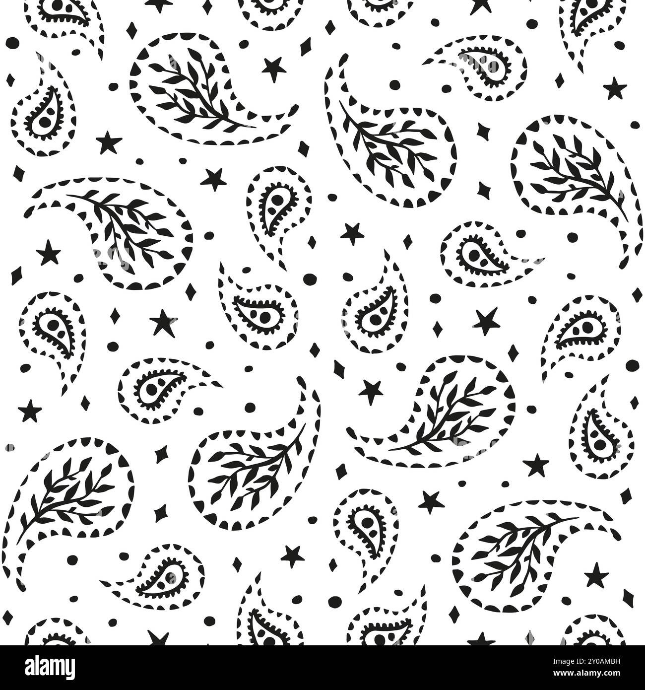 Black and white seamless pattern with celestial and paisley motifs ...