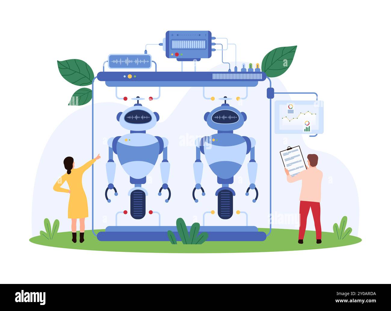 Engineers collaborating on the construction of advanced robots in a futuristic lab. Monitors displaying data and analysis. Robotic arms and components in the background vector illustration. Stock Vector