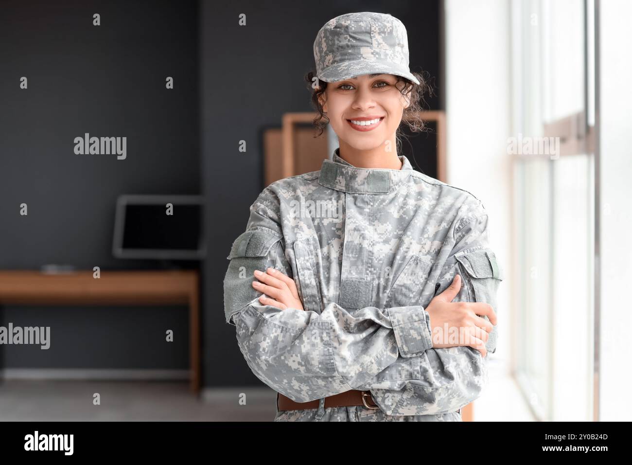 Portrait of female African-American soldier at headquarters Stock Photo ...