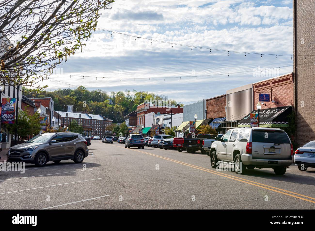 Prattville, Alabama, USA-Mar. 27, 2024: A view of Main Street in historic, downtown Prattville looking towards the West. Stock Photo