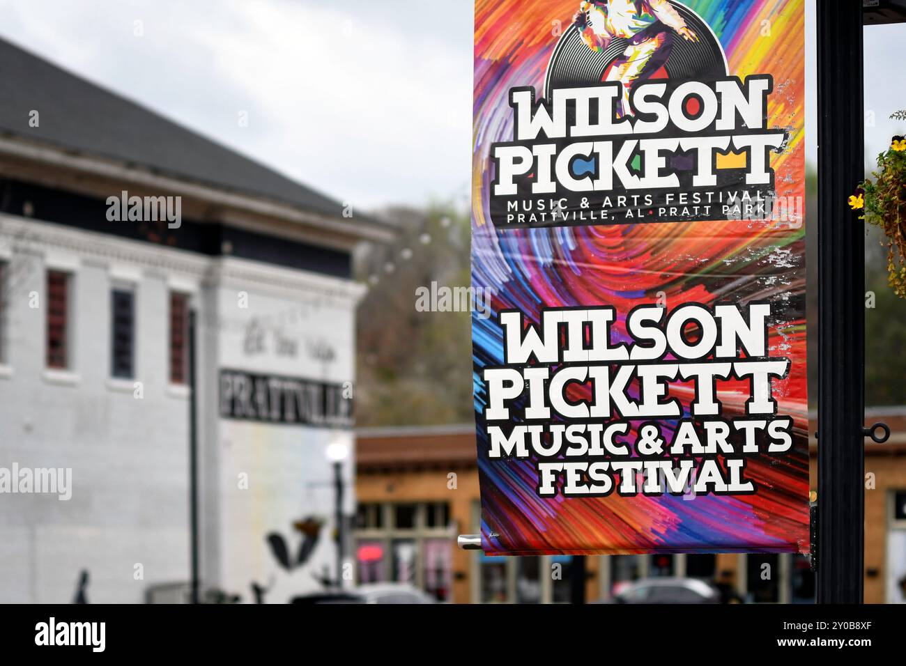 Prattville, Alabama, USA-March 5, 2024: Close up of banner for music & arts festival named after Wilson Pickett, a famous singer and songwriter born i Stock Photo