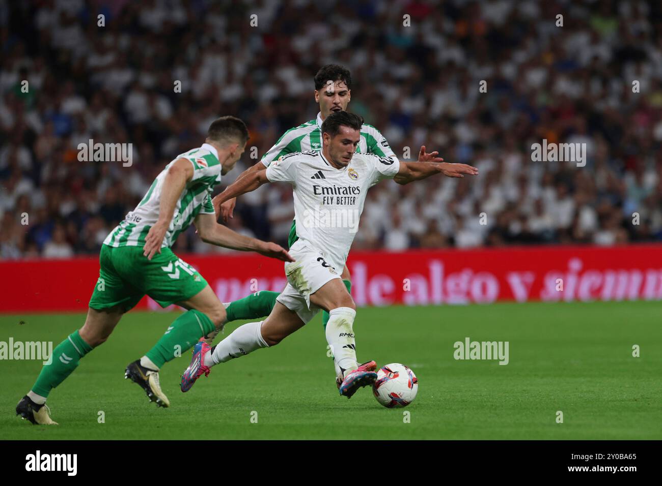 Madrid, Spanien. 02nd Sep, 2024. Madrid, Kingdom of Spain; 01.09.2024.- Real Madrid defeats Real Betis on matchday 4 of the Spanish soccer league. With goals from Kylian Mbpaeé, his first two at the Santiago Bernabéu Stadium (67' and 75' penalty) beat Betis. Credit: Juan Carlos Rojas/dpa/Alamy Live News Stock Photo