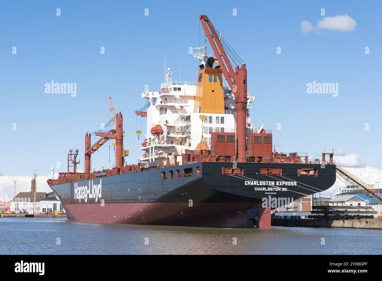 Cargo ship Charleston Express in Bremerhaven. Vessel Charleston Express in Bremerhaven Stock Photo